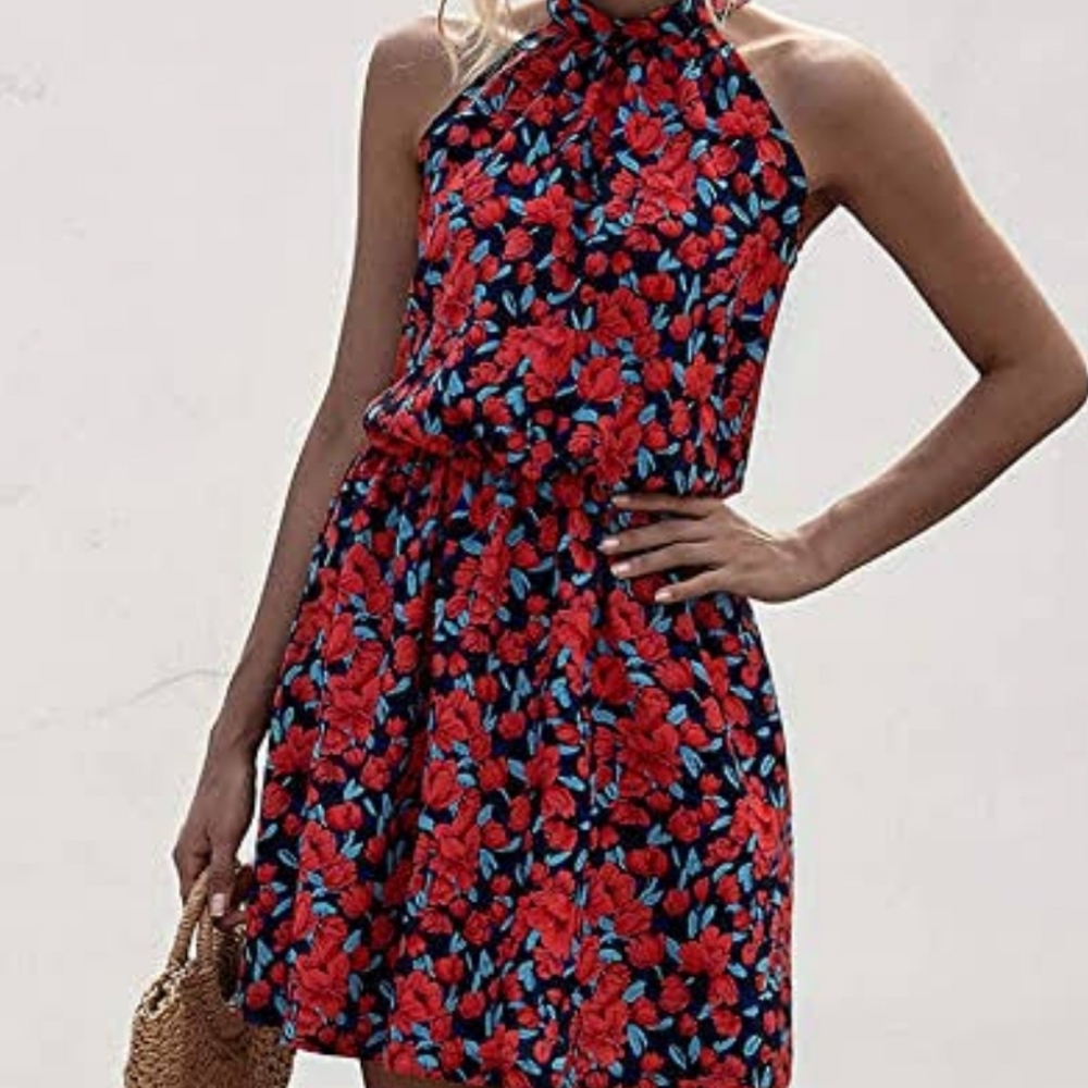 C+D+M Red and Navy Blue Floral Yoke Dress
